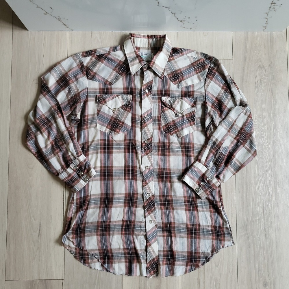 VTG H Bar C California Ranchwear Shirt Mens L Long Tail Tan Plaid Pearl Snap USA - Picture 1 of 7